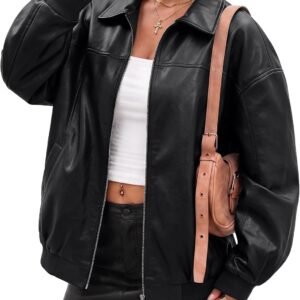 Oversized Faux Leather Zip-Up Bomber Jacket