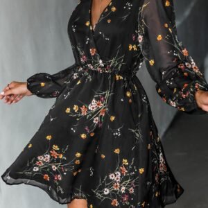 Floral V-Neck Chiffon Long-Sleeve Dress
