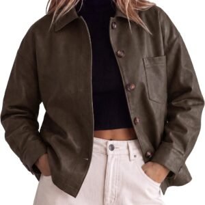 Button-Front Faux Leather Jacket with Collar