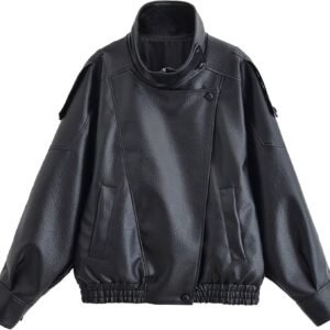 Oversized High-Neck Faux Leather Biker Jacket