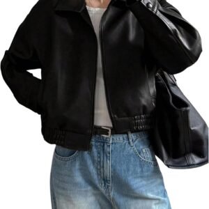 Oversized Faux Leather Zip-Up Bomber Jacket