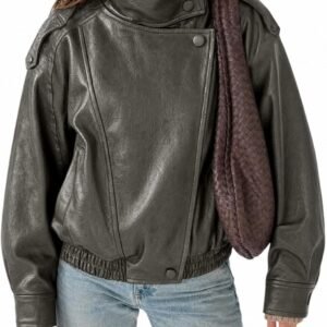 Oversized Faux Leather Zip-Up Biker Jacket