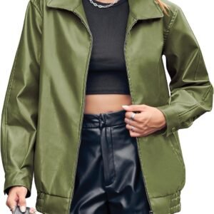 Oversized Casual Faux Leather Bomber Jacket
