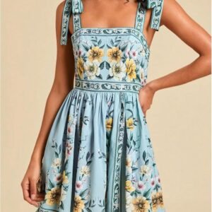 Tropical Floral Tie-Waist Vacation Mini Dress