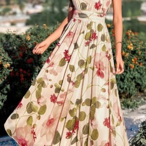 Floral V-Neck Flutter-Sleeve Maxi Dress