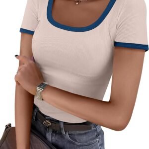 Color-Block Ribbed Square Neck Short-Sleeve T-Shirt