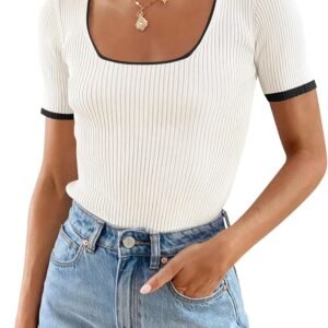 Color-Block Square Neck Slim-Fit Short-Sleeve T-Shirt