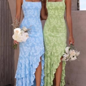 Pleated Floral Mermaid Maxi Dress