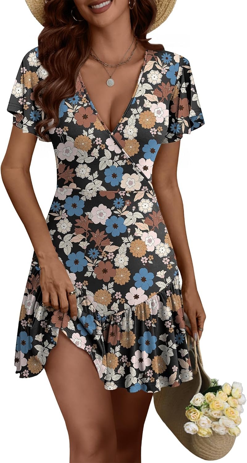 Floral Wrap V-Neck A-Line Mini Dress - Image 2