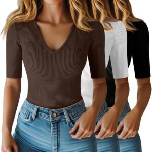 3-Piece Set: Ribbed V-Neck Mid-Sleeve T-Shirt