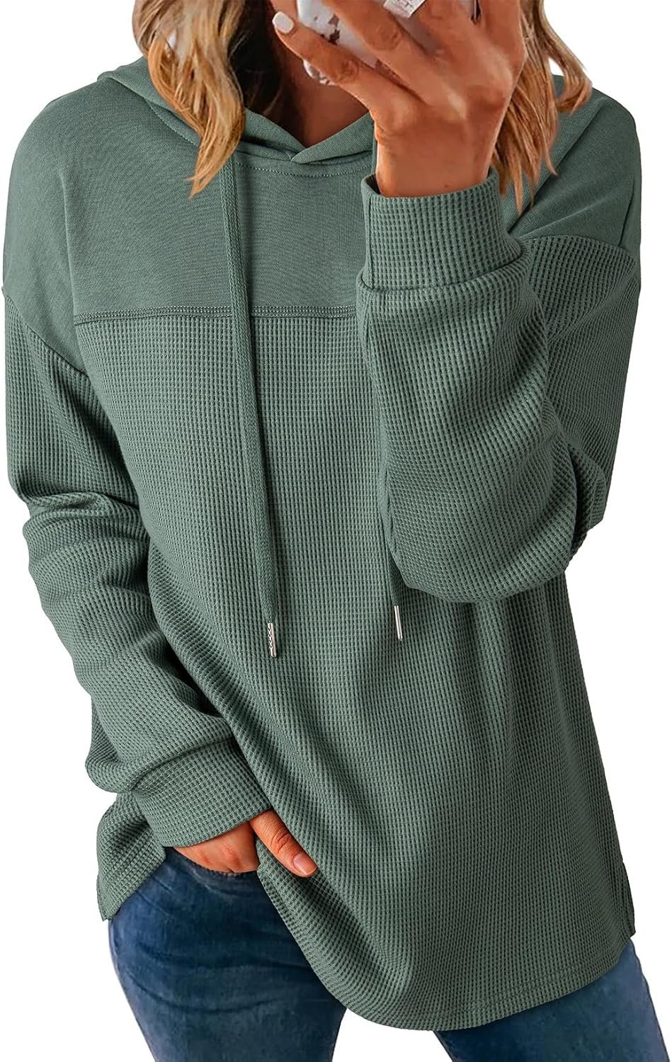 Lightweight Waffle-Knit Pullover Hoodie