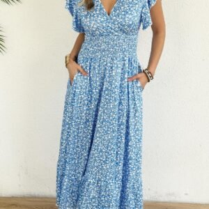 Floral Flutter-Sleeve High-Waist Casual Maxi Dress
